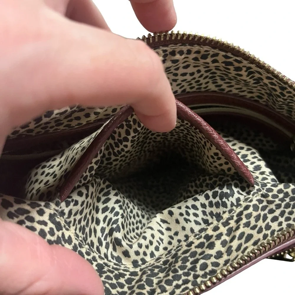 Sole Society Burgundy Faux Leather Wristlet Clutch Animal Print Lining Gold Zip